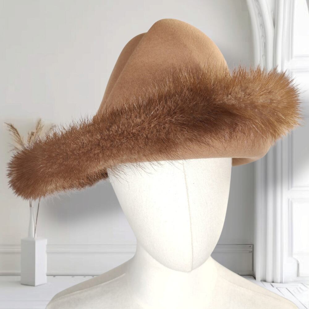 Vintage 1960s Mr John Jr Felt Hat Genuine Fur Trim Brown Sculptural Brim USA